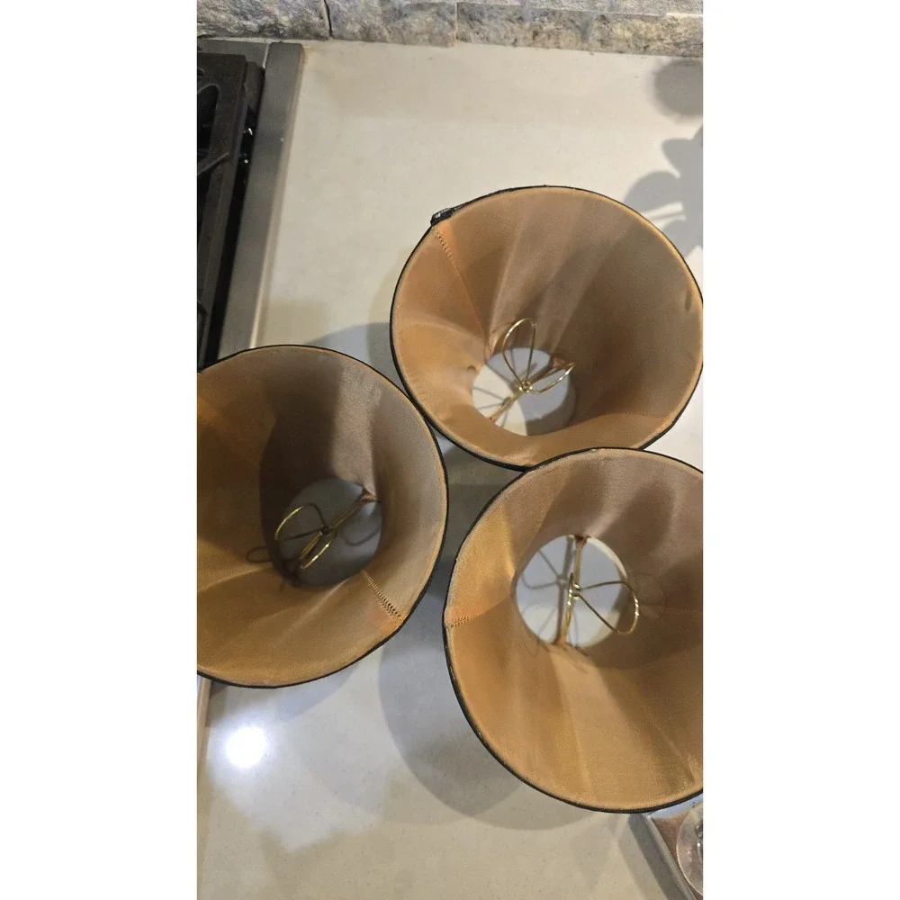 Set of 3 VTG Black Fabric Bell Chandelier Lamp Shades W/ Gold Lining Fitter 5